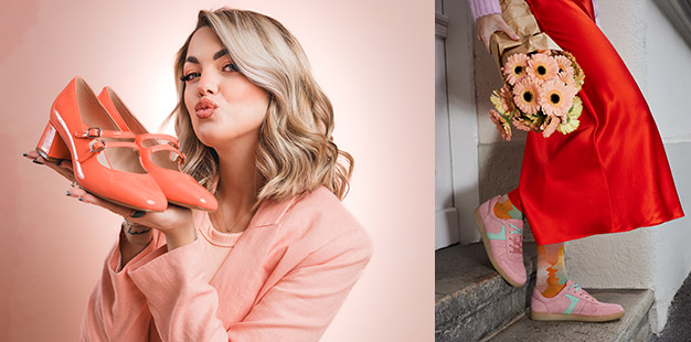 Trendfarbe Peach Fuzz: Schuhe. Blumen. Outfit. Perfekt kombiniert.