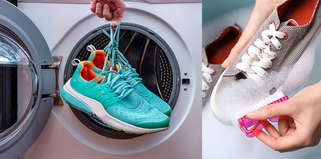 Schuhe in der Waschmaschine waschen. Schuhe werden mit einer Bürste geschrubbt.
