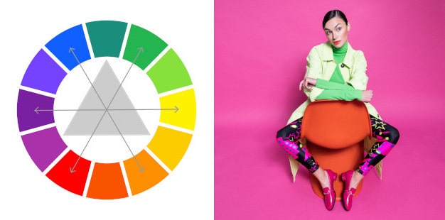 Farbkreis und ein Beispiel für den Modetrend Dopamine Dressing: Bunt gekleidete Frau vor pinkem Hintergrund
