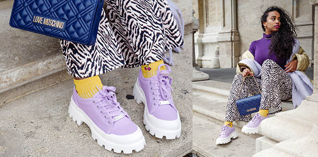 Trendfarbe des Jahres 2022 Very Peri lila violette Schuhe und Taschen