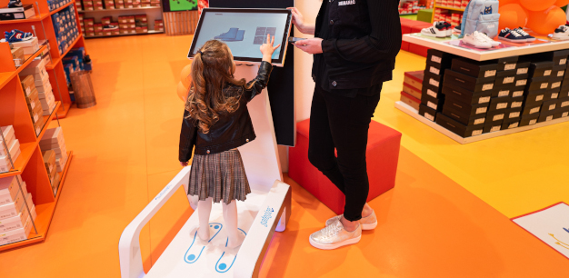 Ein kleines Mädchen steht auf dem innovativen 3D-Fußscanner von HUMANIC